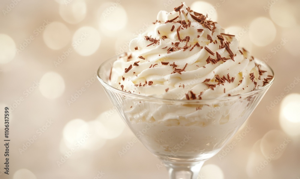 Glass dessert with whipped cream and chocolate shavings against a soft background. Concept of indulgence and gourmet desserts Glass dessert with whipped cream and chocolate shavings against a soft background. Concept of indulgence and gourmet desserts