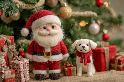 Felted Santa Claus in a traditional festive scene, standing beside a Christmas tree, white dog wearing a red scarf, surrounded by wrapped gifts, golden tones 2