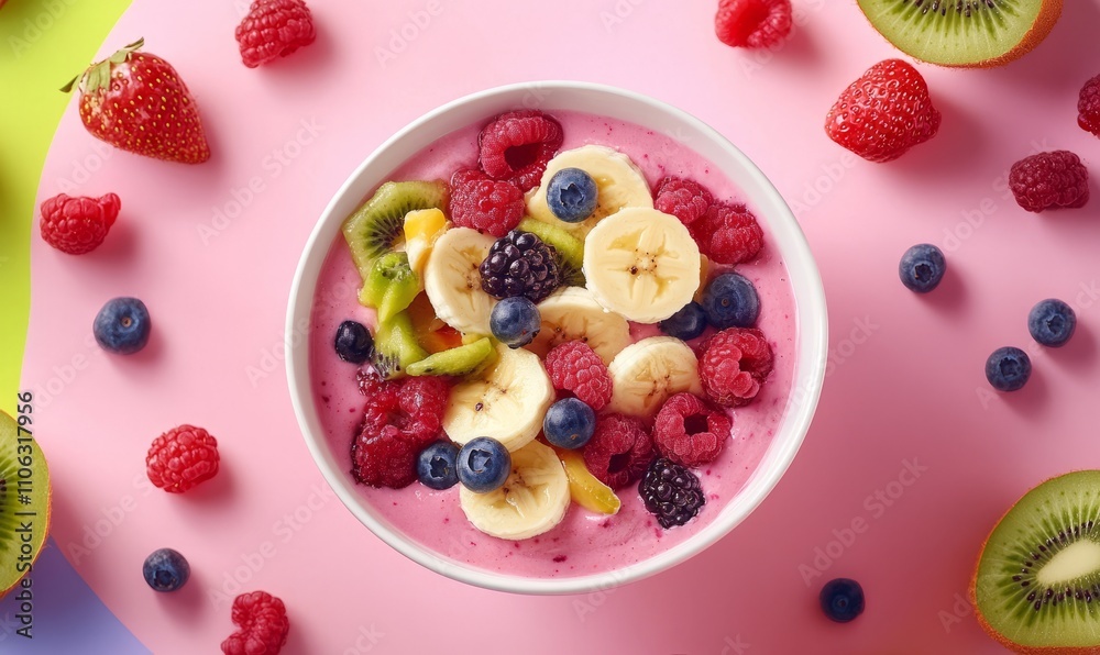 A colorful smoothie bowl topped with bananas, berries, and kiwi, served with a vibrant background A colorful smoothie bowl topped with bananas, berries, and kiwi, served with a vibrant background