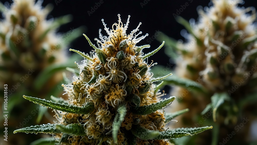 Macro shot of CBD and THC trichomes on medical cannabis. Macro shot of CBD and THC trichomes on medical cannabis.