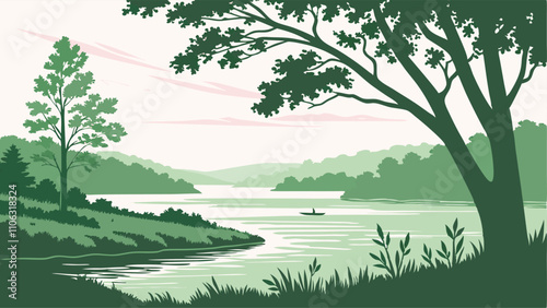 landscape with trees and lake, nature vector art, illustrator