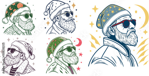 santa with casual style, sun glasses, illustration