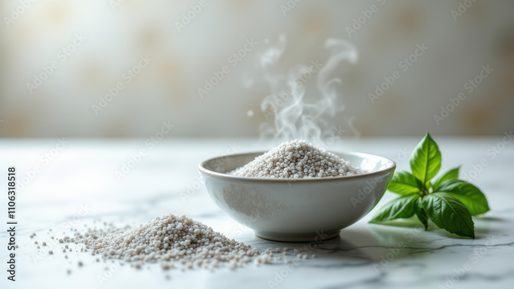 A bowl of Celtic salt with steam rising from it, resting on a marble surface alongside an herb sprig.