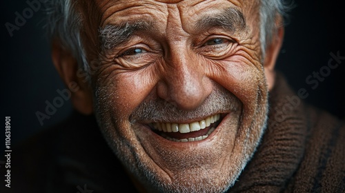 Portrait of a man laughing heartily, wrinkles around eyes, happy expression, candid shot, high resolution.