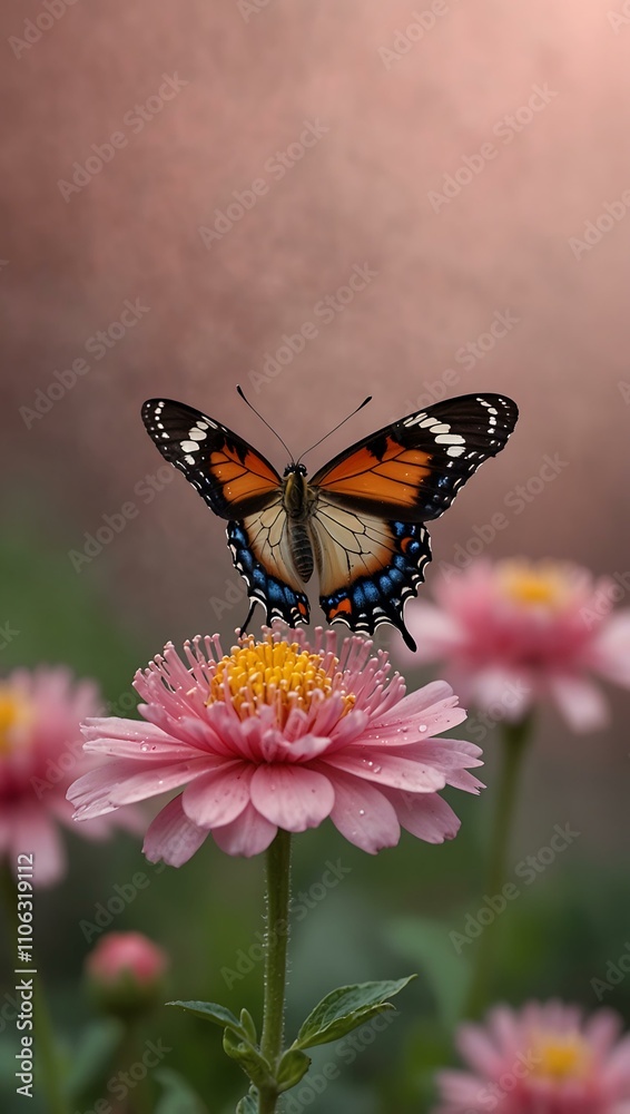Naklejka premium Magical butterfly landing on a pink flower.