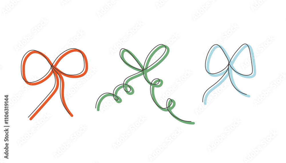 Set of various bows, gift ribbons, bowknots in doodle style. Hand-drawn vector illustration elements. Elements for poster design logo decoration present wrapping stickers Set of various bows, gift ribbons, bowknots in doodle style. Hand-drawn vector illustration elements. Elements for poster design logo decoration present wrapping stickers