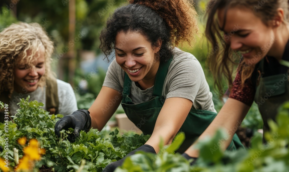 Diverse group of women gardening together, ideal for teamwork, sustainability, and outdoor activities themes Diverse group of women gardening together, ideal for teamwork, sustainability, and outdoor activities themes