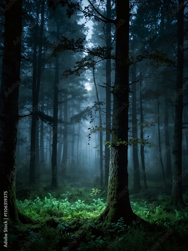 Fototapeta premium Magical forest with ethereal mist and moonlight.