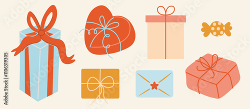 Birthday presents, Christmas gift boxes vector stickers collection, gift with ribbon bow, party New Year celebration holiday elements illustration set in shape doodle style