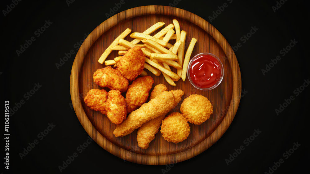 Crispy chicken strips and golden fries served on a rustic wooden plate in a cozy restaurant setting Crispy chicken strips and golden fries served on a rustic wooden plate in a cozy restaurant setting