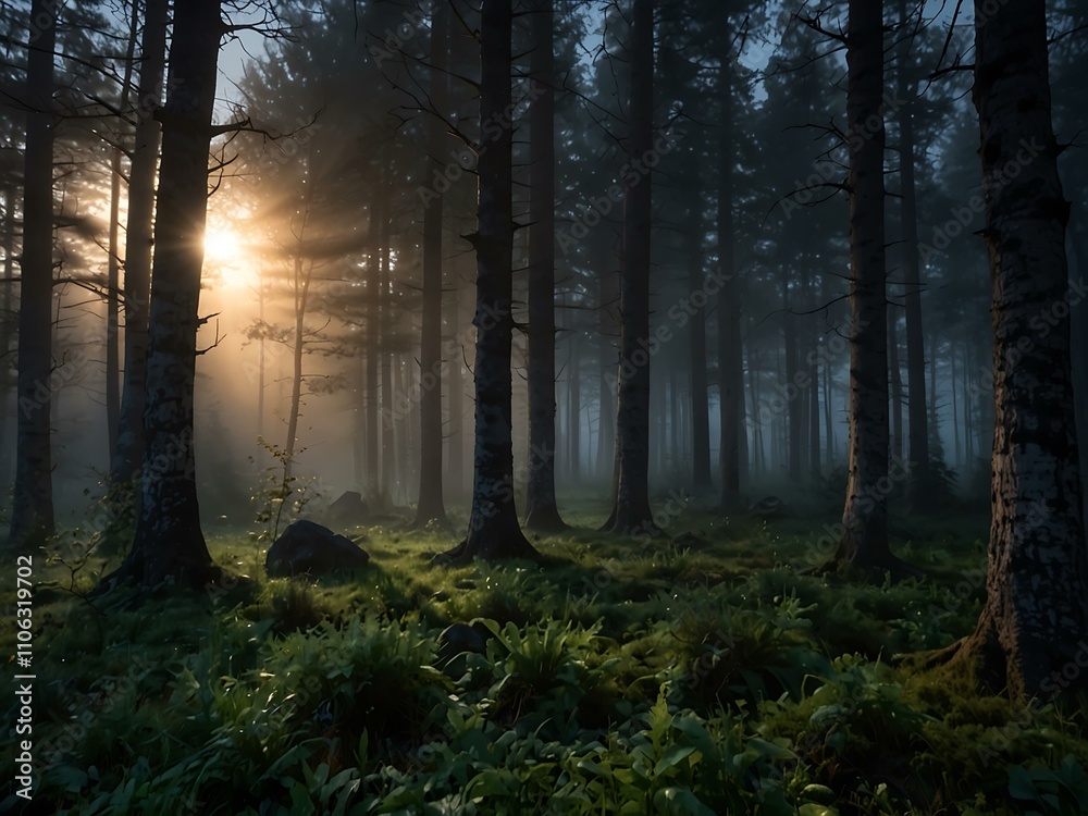 Fototapeta premium Magical moonlit twilight in the foggy forest.
