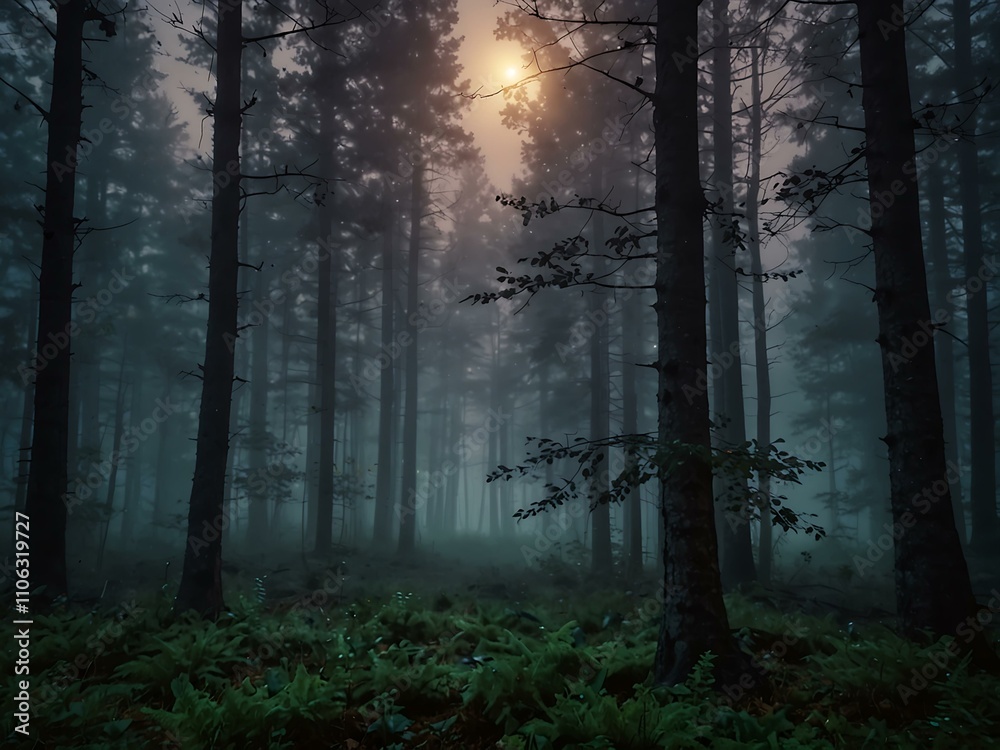 Fototapeta premium Magical moonlit twilight in the foggy forest.