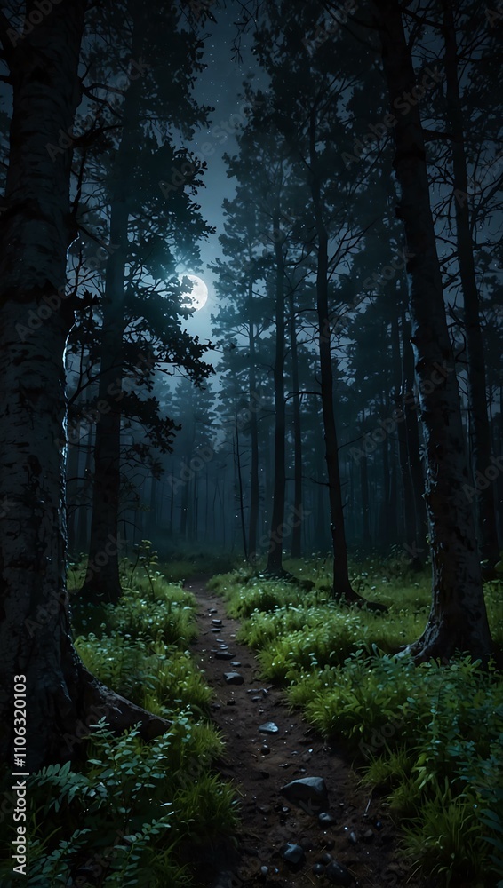 Obraz premium Magical twilight forest under moonlight.