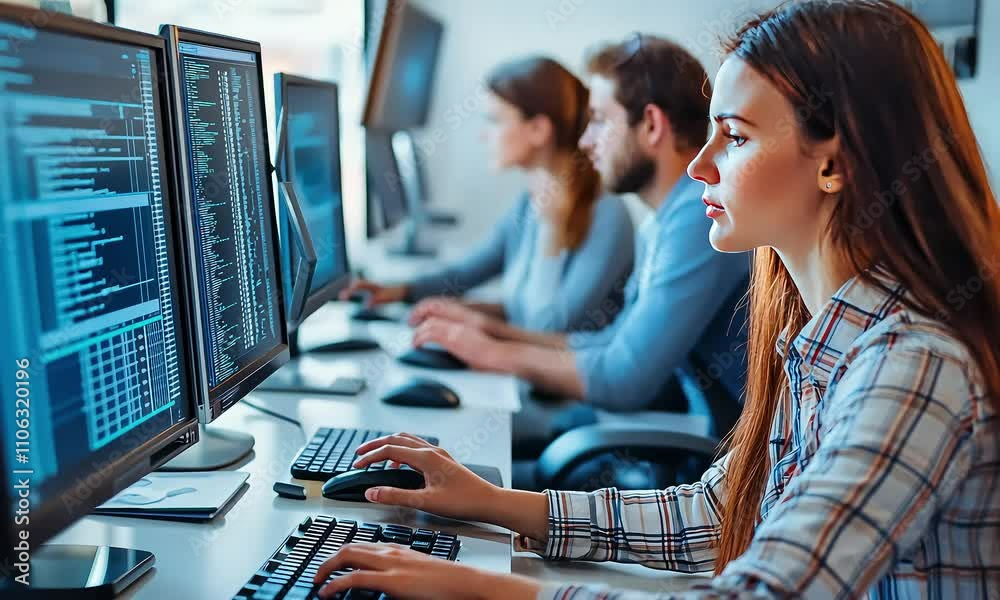 A focused woman works on a computer, analyzing data in a tech environment with colleagues in the background. A focused woman works on a computer, analyzing data in a tech environment with colleagues in the background.
