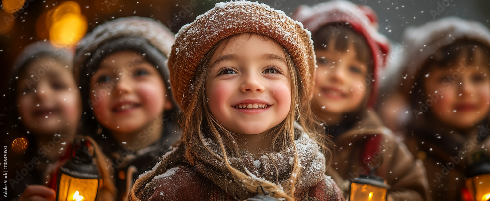 Smiling young girl with friends holding lanterns in gentle snowfall Smiling young girl with friends holding lanterns in gentle snowfall