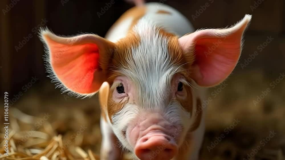 A brown and white spotted pig's face with its small ears, shiny nose and playful expression A brown and white spotted pig's face with its small ears, shiny nose and playful expression