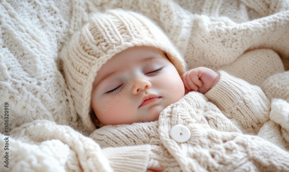 Newborn baby peacefully sleeping, dressed in a cozy cream knitted outfit, wrapped in matching chunky knit blanket. Soft, serene atmosphere