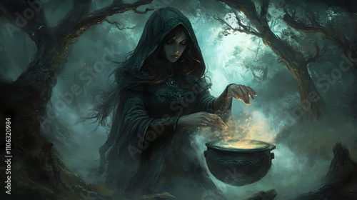 Ethereal hooded enchantress carefully tending to a bubbling eldritch brew in a dim ancient forest with gnarled trees and eerie fog rembrandt inspired chiaroscuro lighting. Eldritch. Illustration photo