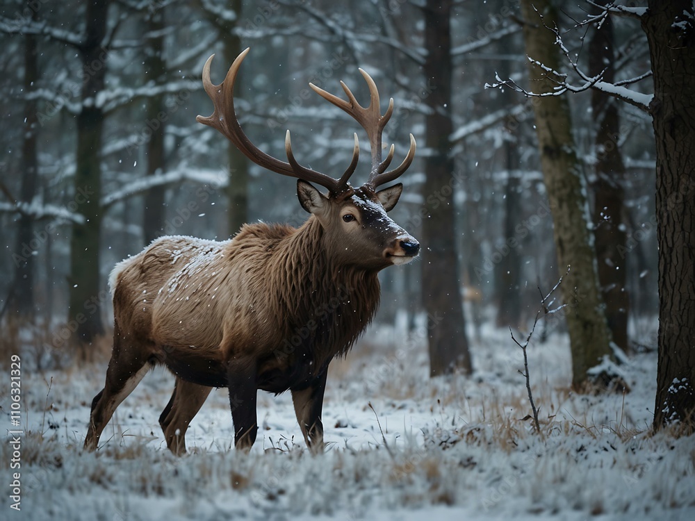 Majestic creature navigating a wintry scene with impressive antlers. Majestic creature navigating a wintry scene with impressive antlers.