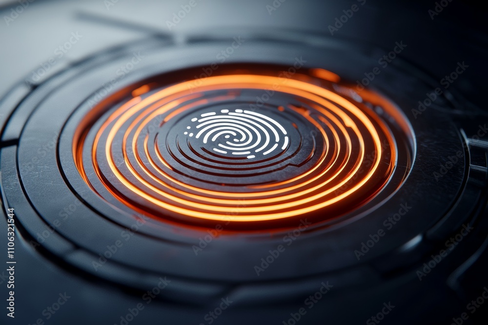 Futuristic fingerprint scanner with glowing orange interface on dark background
