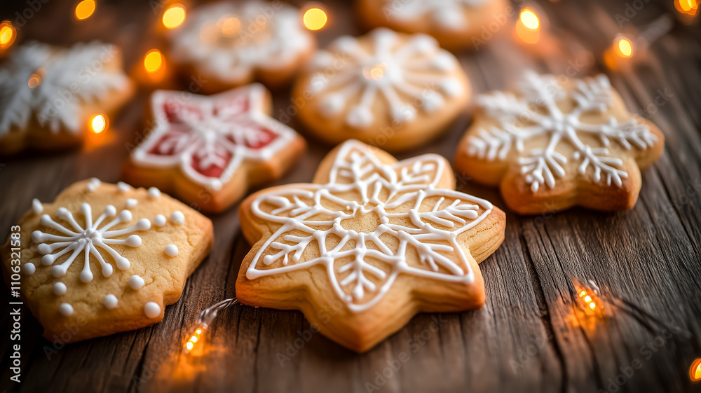 Christmas snowflake cookies with icing and string lights on wooden table