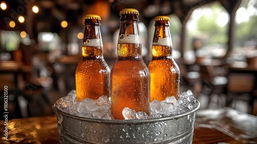 Three cold beer bottles in ice bucket. photo