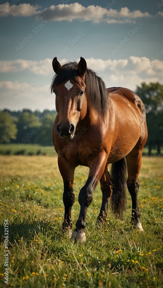 Obraz premium Majestic horse grazing in a field.