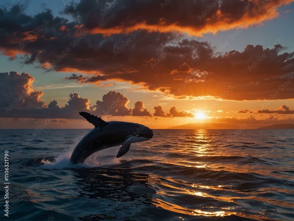 Fototapeta premium Majestic humpback whale breaching at sunset, silhouetted against vibrant clouds and water.