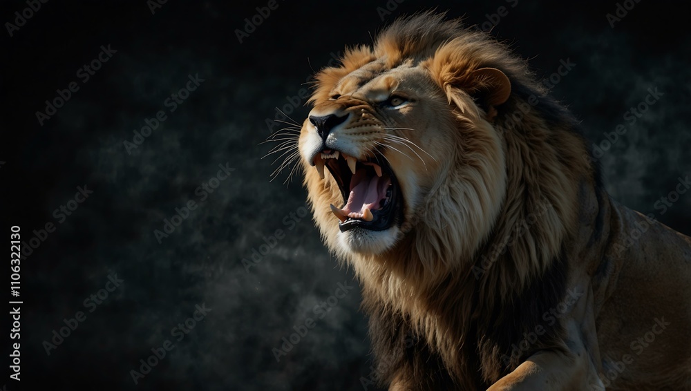 Fototapeta premium Majestic lion roaring against a dark background.