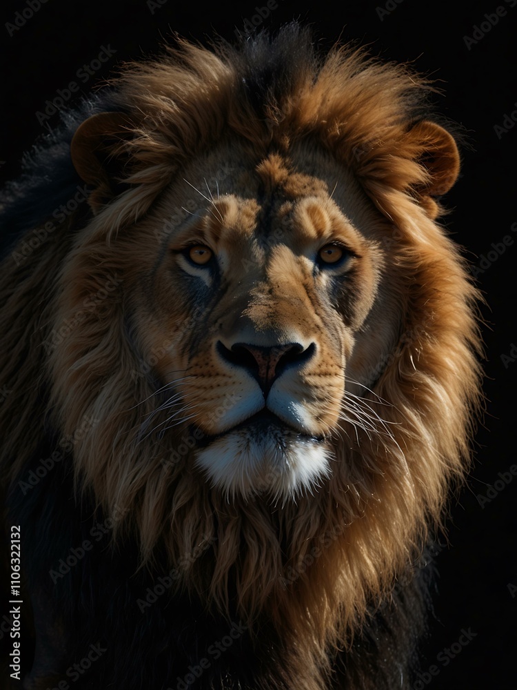 Naklejka premium Majestic lion silhouetted against a black backdrop.