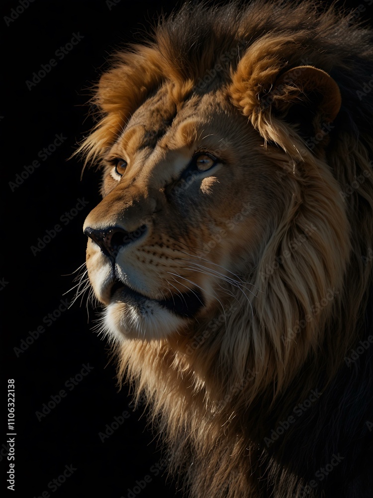 Majestic lion silhouetted against a black backdrop.