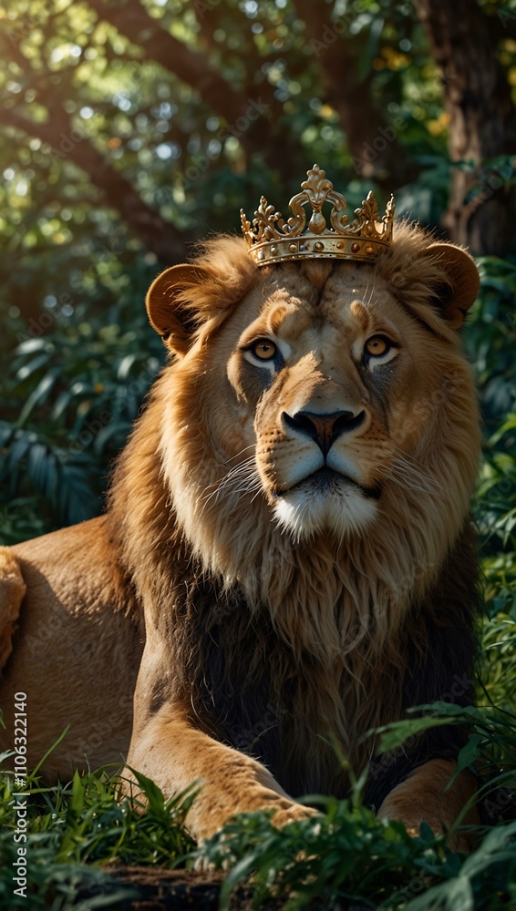 Fototapeta premium Majestic lion with a golden crown in a lush jungle.