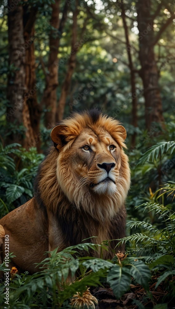 Fototapeta premium Majestic lion with a golden crown in a lush jungle.