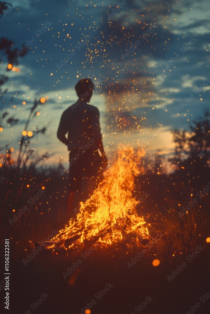 Someone standing in front of a fire with sparks coming out of it Someone standing in front of a fire with sparks coming out of it