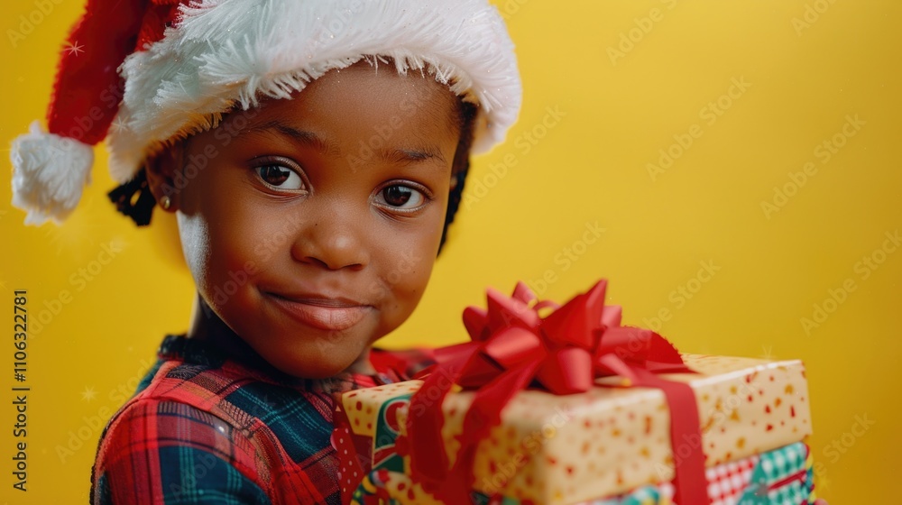 A young child holds a wrapped gift while wearing a festive Santa hat, perfect for holiday scenes or Christmas promotions A young child holds a wrapped gift while wearing a festive Santa hat, perfect for holiday scenes or Christmas promotions