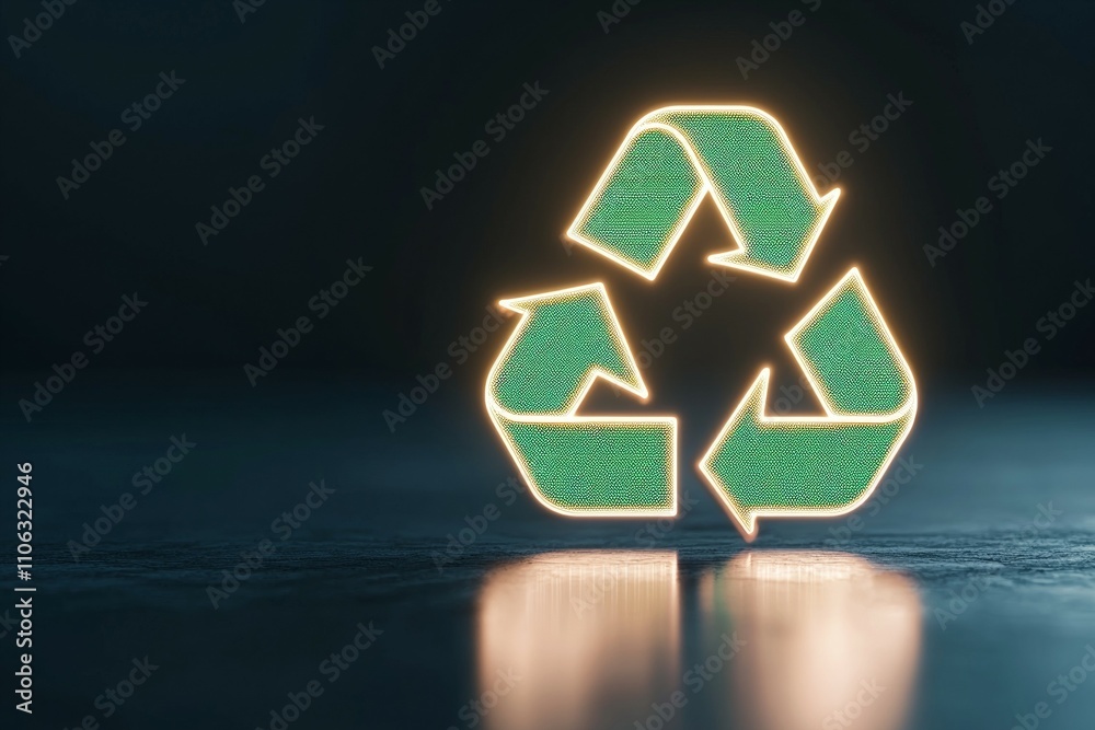 Glowing green recycling symbol on dark background Glowing green recycling symbol on dark background