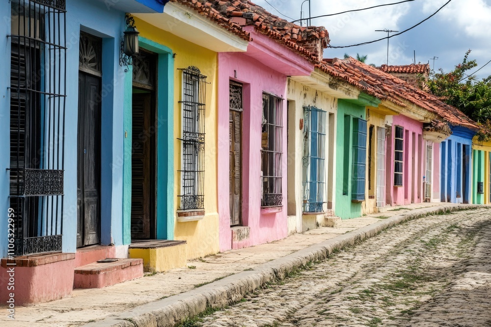 A row of brightly colored houses on a cobblestone street, great for architecture, travel or urban planning photos A row of brightly colored houses on a cobblestone street, great for architecture, travel or urban planning photos