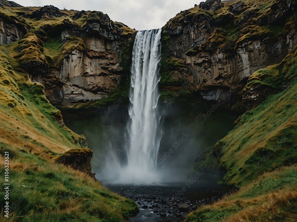 Obraz premium Majestic Seljalandsfoss waterfall in Iceland in slow motion.
