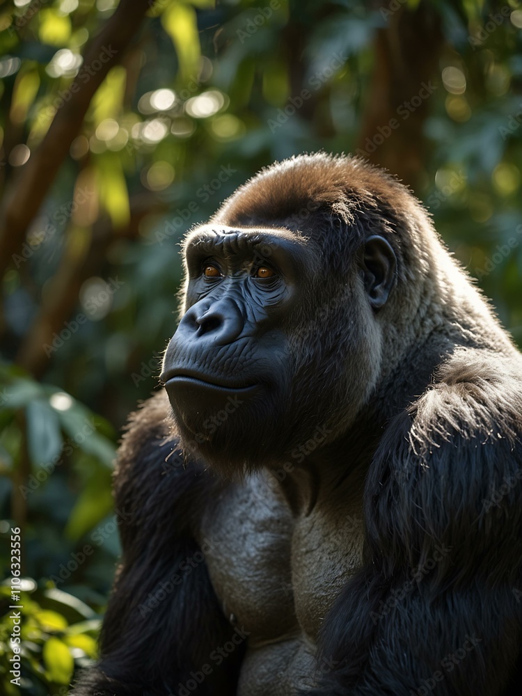 Naklejka premium Majestic silverback gorilla in a sunlit jungle.