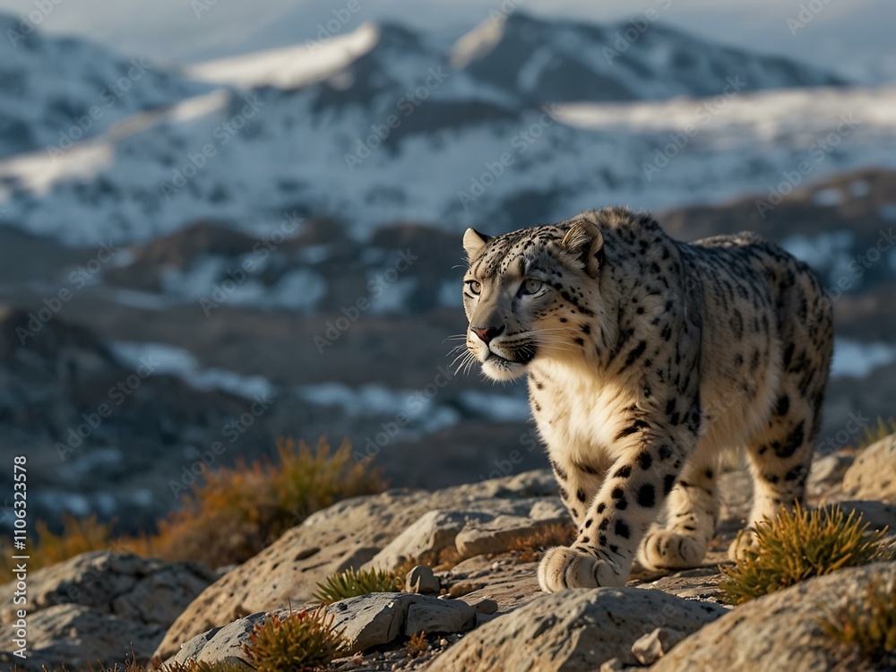 Majestic snow leopard prowling rocky terrain. Majestic snow leopard prowling rocky terrain.