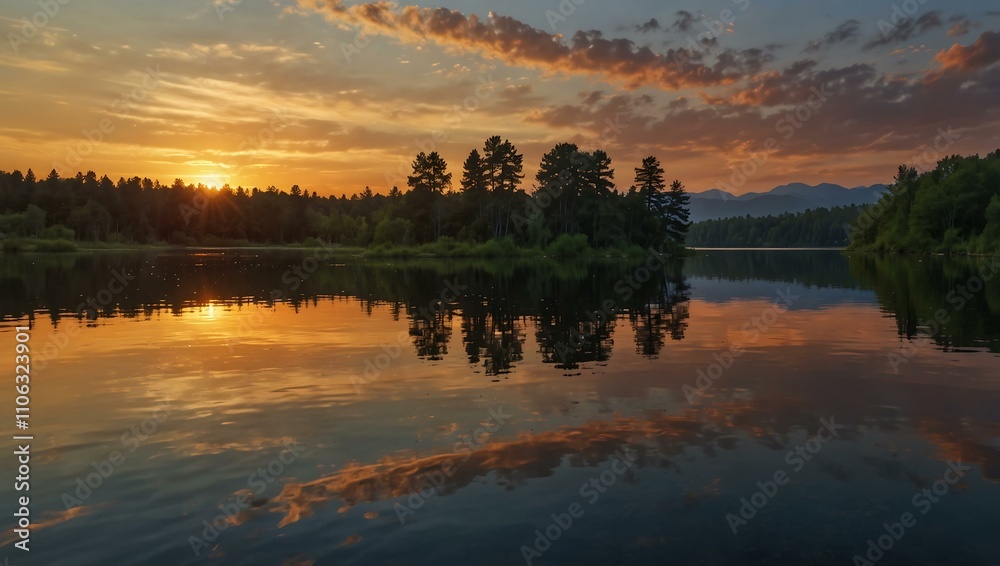 Fototapeta premium Majestic sunset reflected in tranquil lake waters.