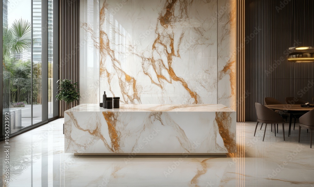 Marble slab with soft, flowing veins of gold and ruby, creating a sophisticated and timeless surface that complements any luxury setting