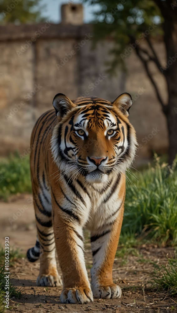 Obraz premium Majestic tiger roaming a rural town.