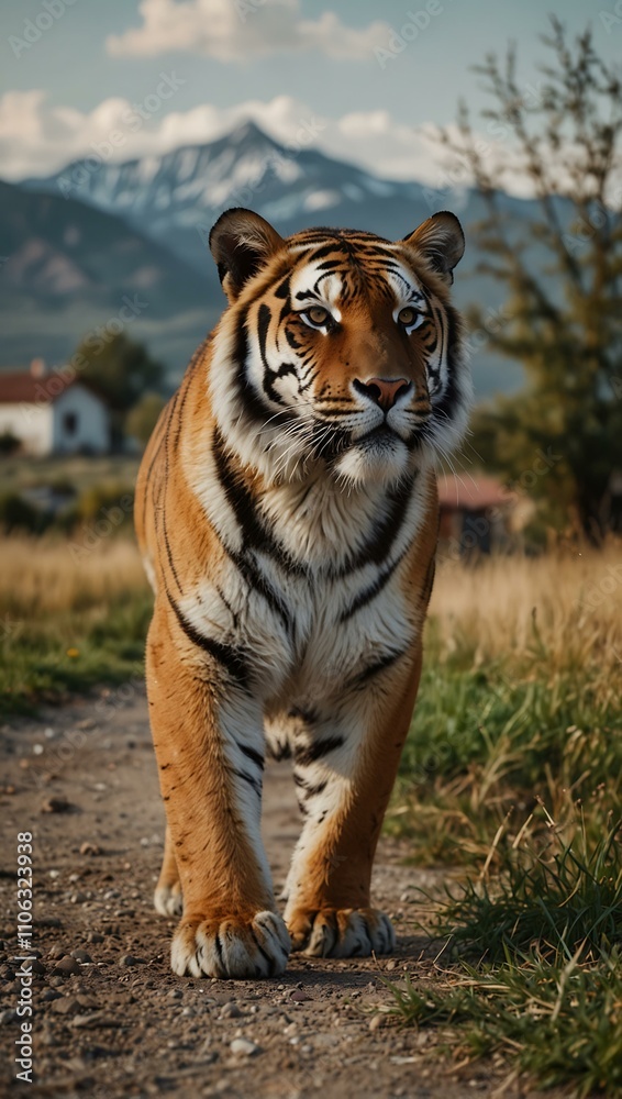 Fototapeta premium Majestic tiger roaming a rural town.