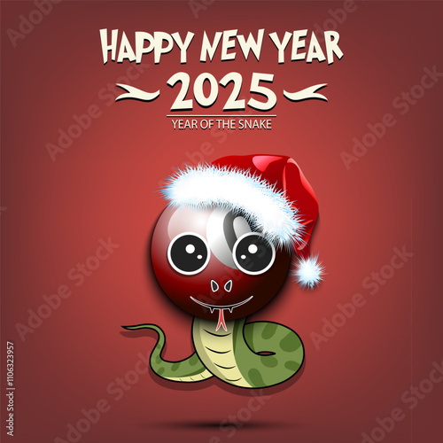 Happy New year. 2025 year of the snake. Cute muzzle snake in the form of a billiard ball. Billiard ball in the form of a snake. Greeting card design template. Vector illustration