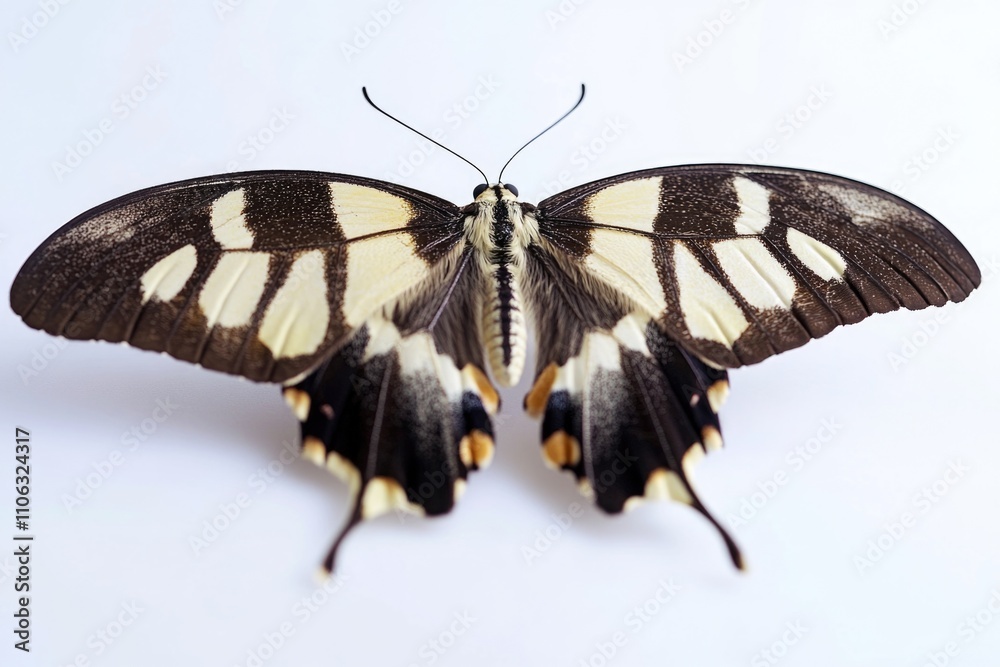 Fototapeta premium A close-up of a black and white butterfly on a white surface, perfect for use in illustrations or designs