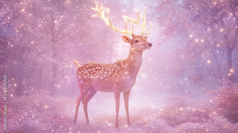 Enchanting 3D Render of Majestic Deer with Luminescent Antlers in Moonlit Glade Surrounded by Mist and Stars Enchanting 3D Render of Majestic Deer with Luminescent Antlers in Moonlit Glade Surrounded by Mist and Stars