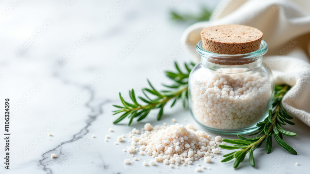 A glass jar filled with Celtic sea salt flakes surrounded by fresh herbs on a marbled surface. A glass jar filled with Celtic sea salt flakes surrounded by fresh herbs on a marbled surface.