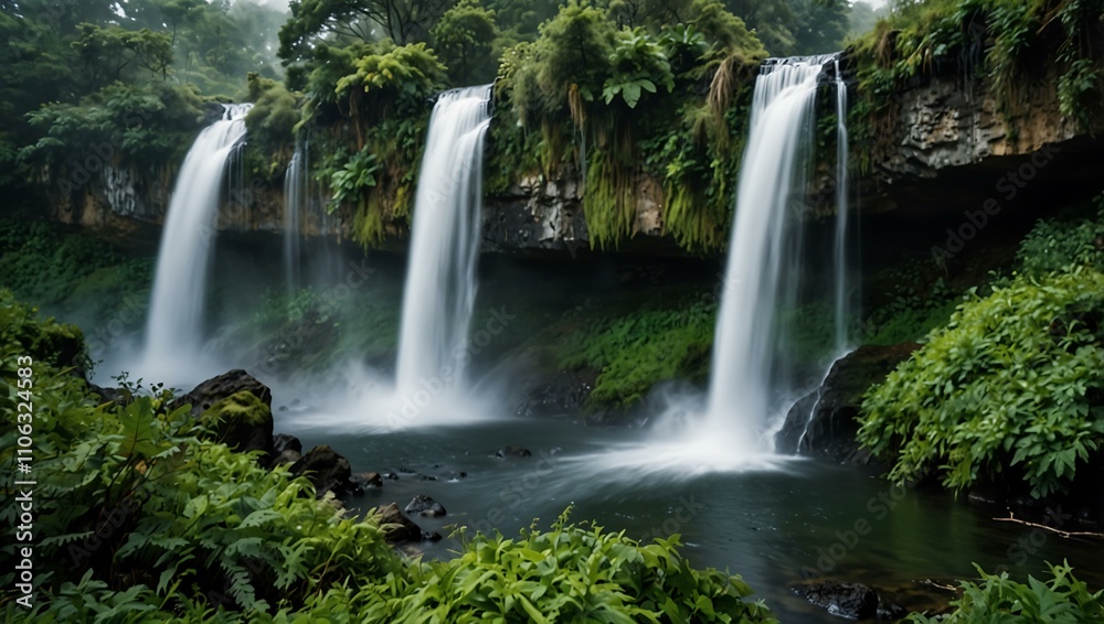 Majestic waterfall in lush green surroundings with mist. Majestic waterfall in lush green surroundings with mist.