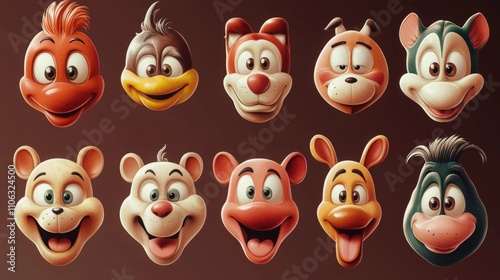 Collection of cartoon faces expressing different emotions, great for use in illustrations or animations